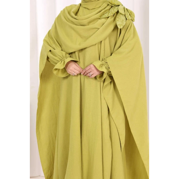Pamuk Çiçek Detaylı Elbise Abaya ŞAL HEDİYE  8009 Yağ Yeşili