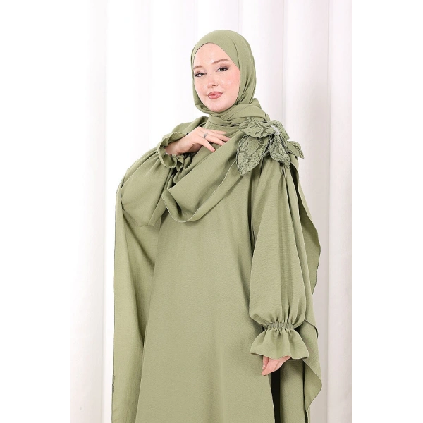 Pamuk Çiçek Detaylı Elbise Abaya ŞAL HEDİYE  8009 Yeşil