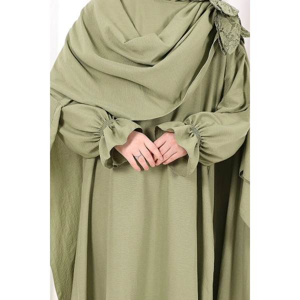 Pamuk Çiçek Detaylı Elbise Abaya ŞAL HEDİYE  8009 Yeşil