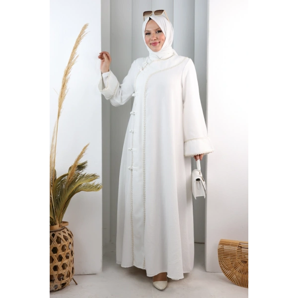 Papatya Dantelli Abaya Elbise 7097 Ekru