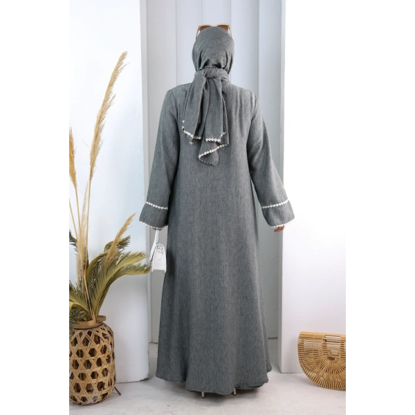 Papatya Dantelli Abaya Elbise 7097 Füme