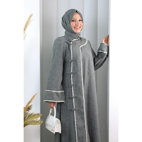 Papatya Dantelli Abaya Elbise 7097 Füme