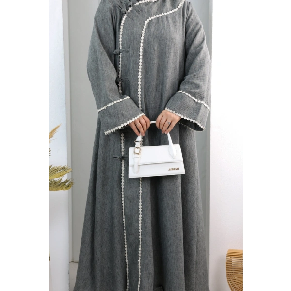 Papatya Dantelli Abaya Elbise 7097 Füme