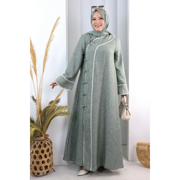 Papatya Dantelli Abaya Elbise 7097 Haki