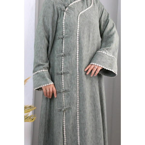 Papatya Dantelli Abaya Elbise 7097 Haki
