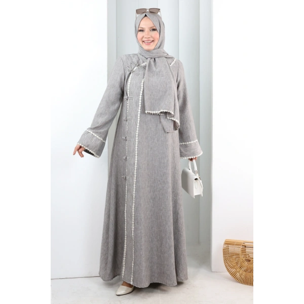 Papatya Dantelli Abaya Elbise 7097 Kahverengi