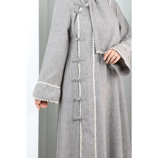 Papatya Dantelli Abaya Elbise 7097 Kahverengi