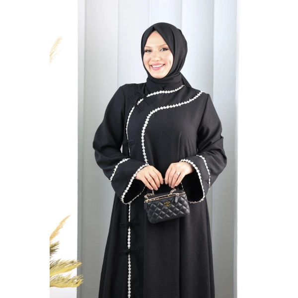 Papatya Dantelli Abaya Elbise 7097 Siyah