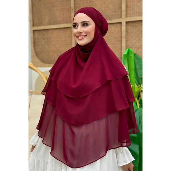 Peçeli 3 Katlı Şifon Sufle Şal 6012 Bordo