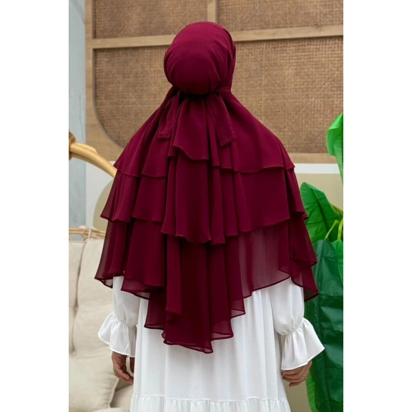 Peçeli 3 Katlı Şifon Sufle Şal 6012 Bordo