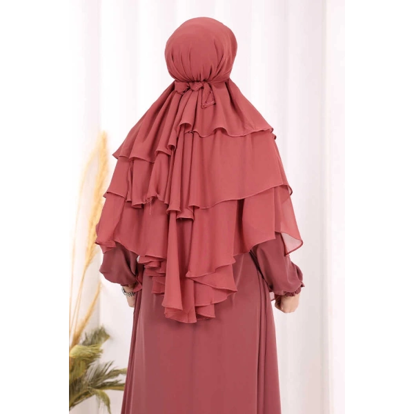 Peçeli 3 Katlı Şifon Sufle Şal 6012 Gül Kurusu