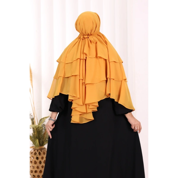 Peçeli 3 Katlı Şifon Sufle Şal 6012 Hardal