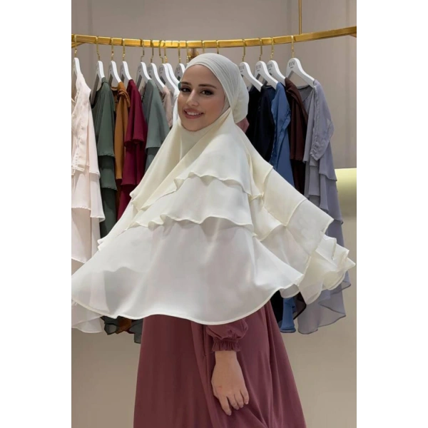 Peçeli 3 Katlı Şifon Sufle Şal 6012 Krem