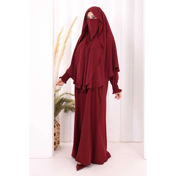 Peçeli Cilbab Model Elbise 6063 Bordo