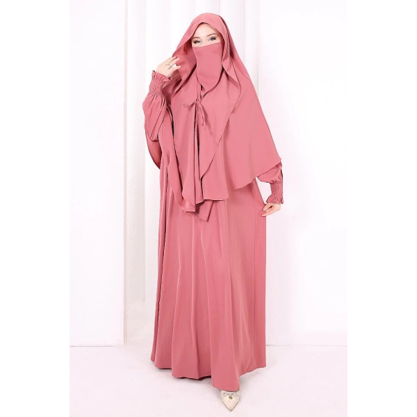 Peçeli Cilbab Model Elbise 6063 Gül Kurusu