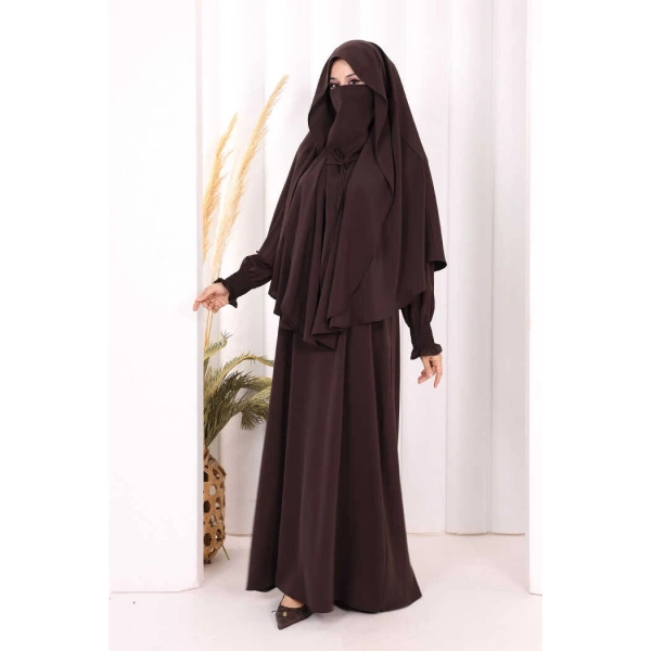 Peçeli Cilbab Model Elbise 6063 Kahverengi