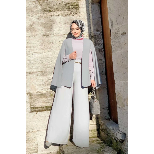Pelerin Kol Görünümlü Düz Astarlı Ceket 7666 Gri
