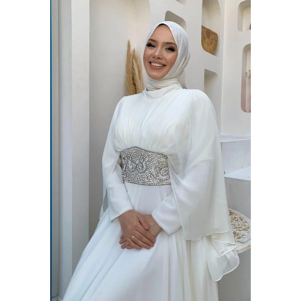Pelerinli Bel Taş İşleme Detay Şifon Abiye Elbise 5001 Ekru