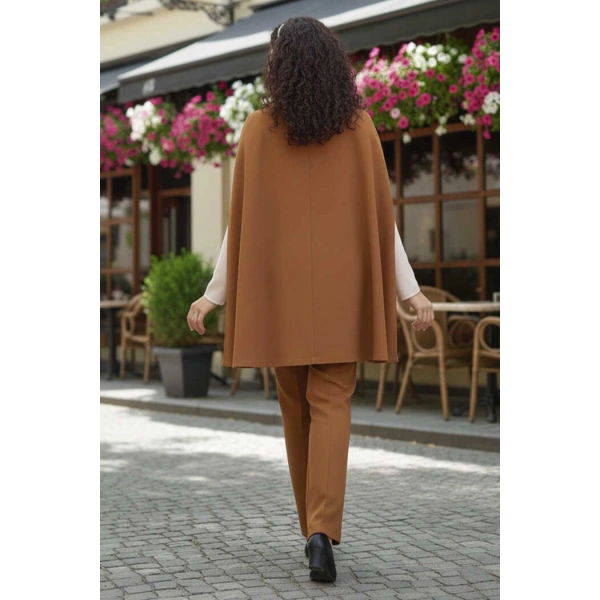 Pelerinli Düğme Detay Ceket ve Pantolon Takım 8354 Taba