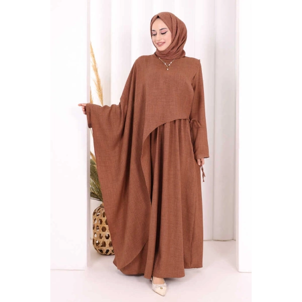 Pelerinli Elbise 6068 Taba