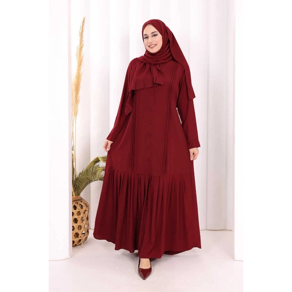 Pilise Detay Elbise ŞAL HEDİYE   6039 Bordo
