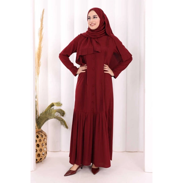 Pilise Detay Elbise ŞAL HEDİYE   6039 Bordo