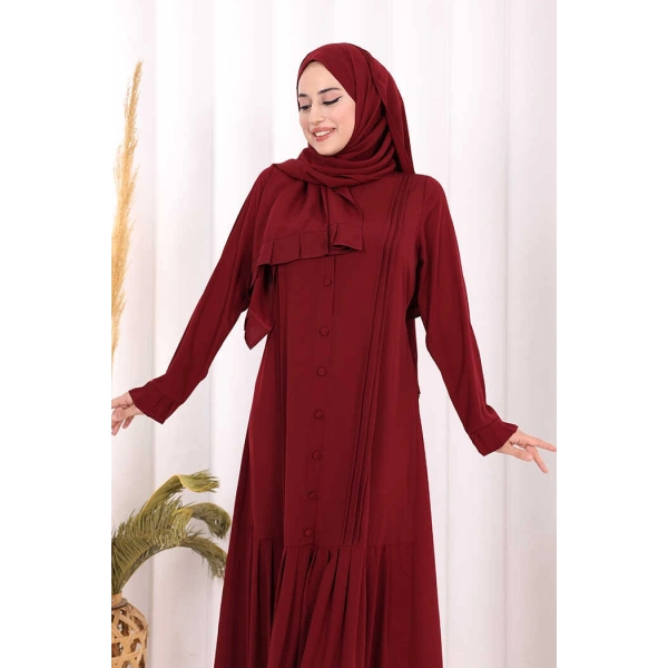 Pilise Detay Elbise ŞAL HEDİYE   6039 Bordo
