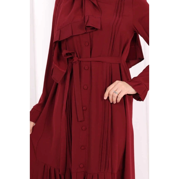 Pilise Detay Elbise ŞAL HEDİYE   6039 Bordo