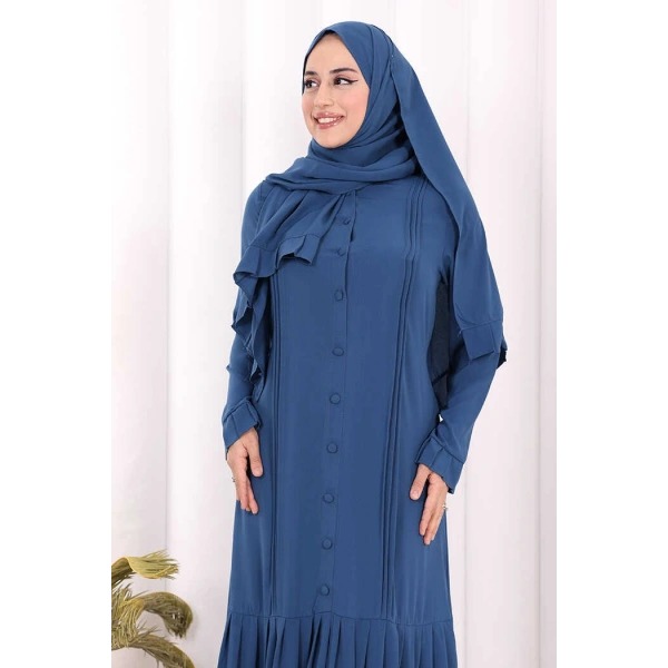 Pilise Detay Elbise ŞAL HEDİYE   6039 İndigo