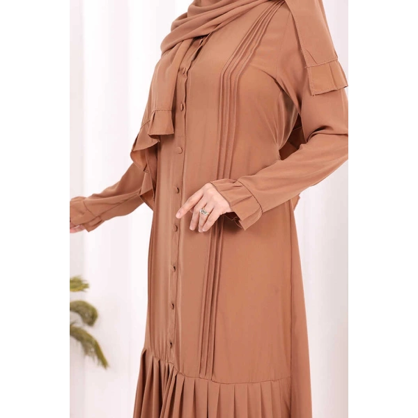 Pilise Detay Elbise ŞAL HEDİYE   6039 Taba