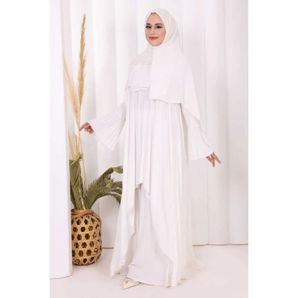 Pilise Detaylı Uzun Tunik ve Pantolon İkili Takım 8575 Ekru