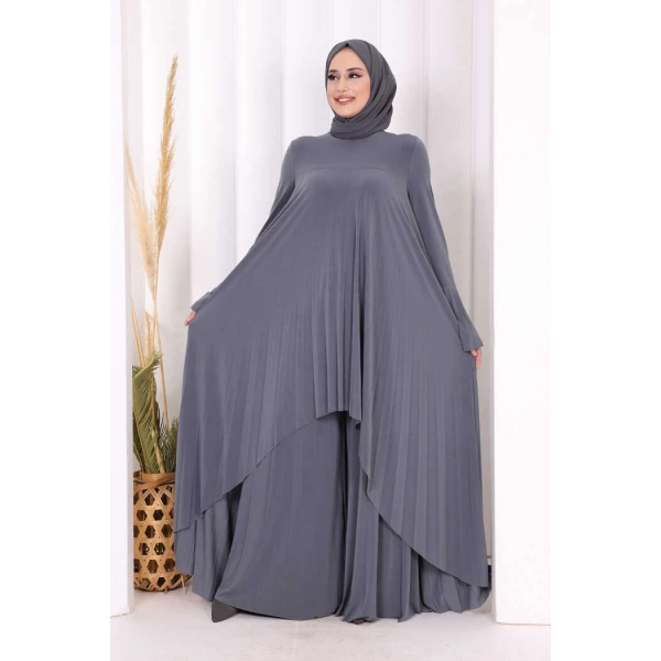 Pilise Detaylı Uzun Tunik ve Pantolon İkili Takım 8575 Gri