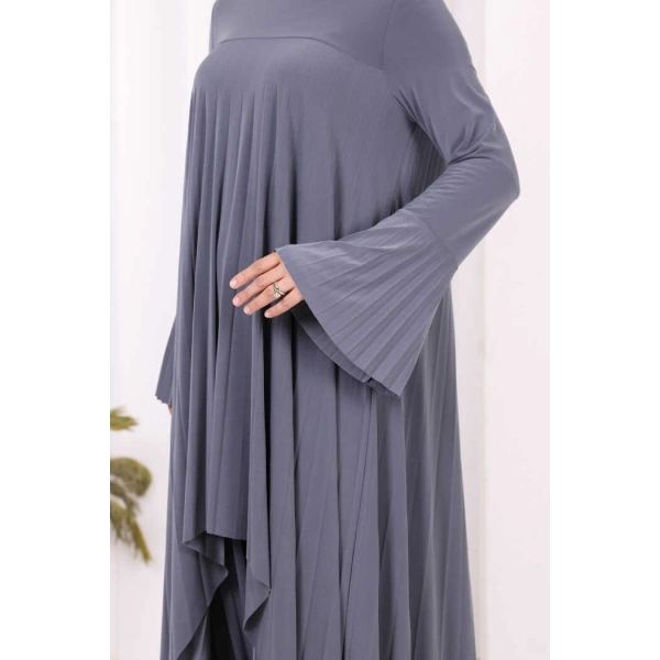 Pilise Detaylı Uzun Tunik ve Pantolon İkili Takım 8575 Gri