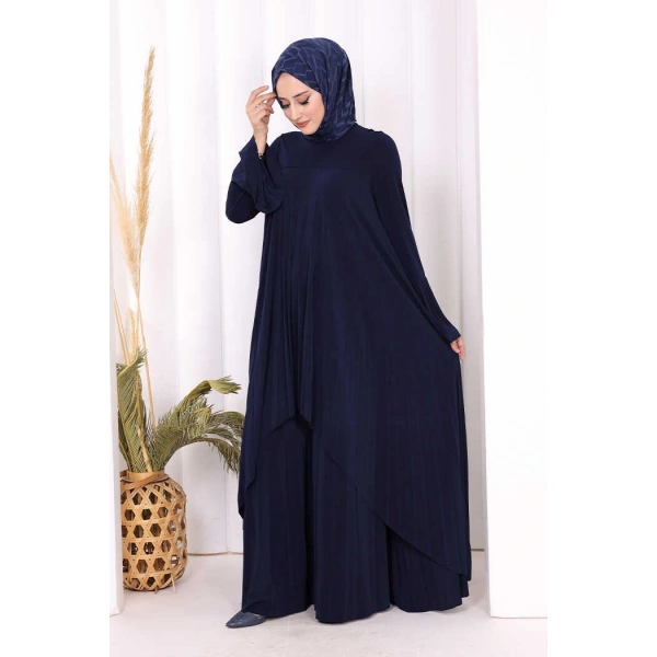Pilise Detaylı Uzun Tunik ve Pantolon İkili Takım 8575 Lacivert