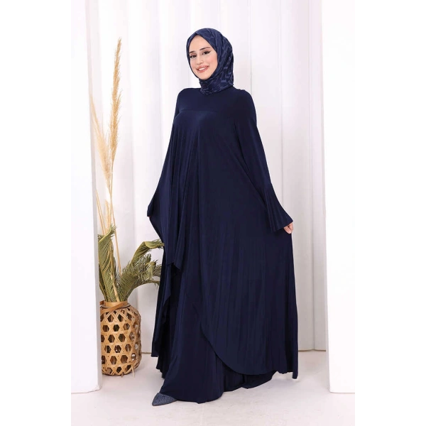 Pilise Detaylı Uzun Tunik ve Pantolon İkili Takım 8575 Lacivert