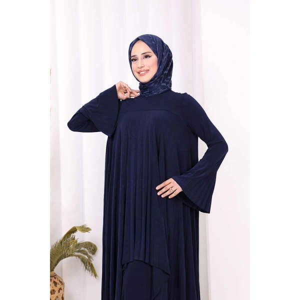 Pilise Detaylı Uzun Tunik ve Pantolon İkili Takım 8575 Lacivert