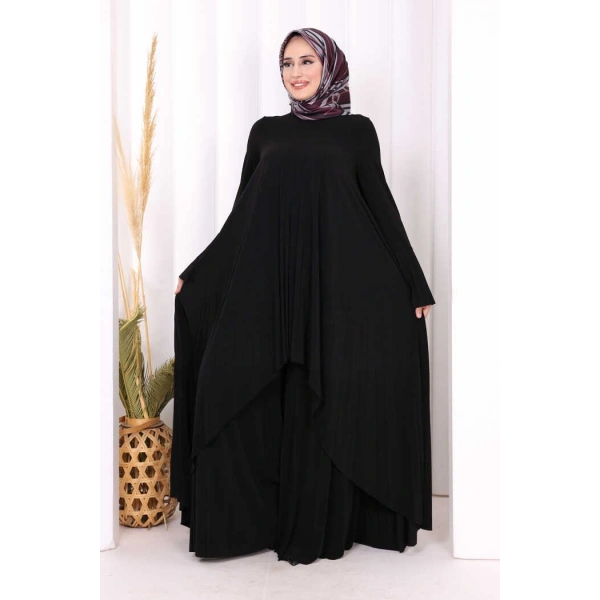 Pilise Detaylı Uzun Tunik ve Pantolon İkili Takım 8575 Siyah
