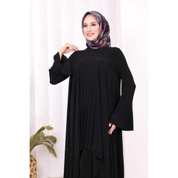 Pilise Detaylı Uzun Tunik ve Pantolon İkili Takım 8575 Siyah