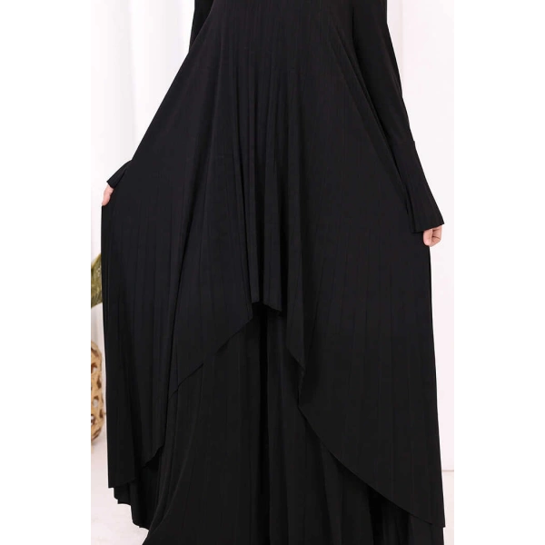 Pilise Detaylı Uzun Tunik ve Pantolon İkili Takım 8575 Siyah