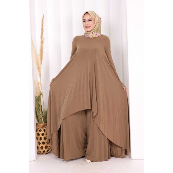 Pilise Detaylı Uzun Tunik ve Pantolon İkili Takım 8575 Taba