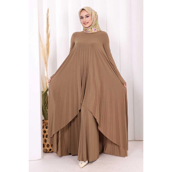Pilise Detaylı Uzun Tunik ve Pantolon İkili Takım 8575 Taba