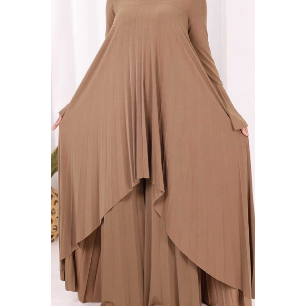 Pilise Detaylı Uzun Tunik ve Pantolon İkili Takım 8575 Taba