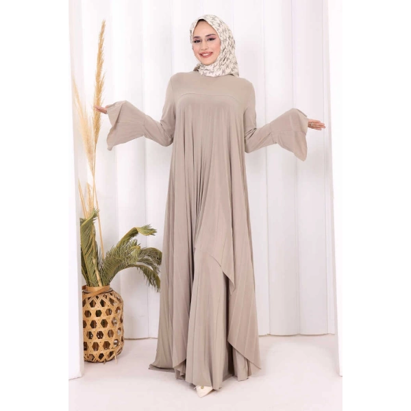 Pilise Detaylı Uzun Tunik ve Pantolon İkili Takım 8575 Vizon