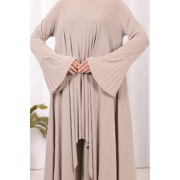 Pilise Detaylı Uzun Tunik ve Pantolon İkili Takım 8575 Vizon