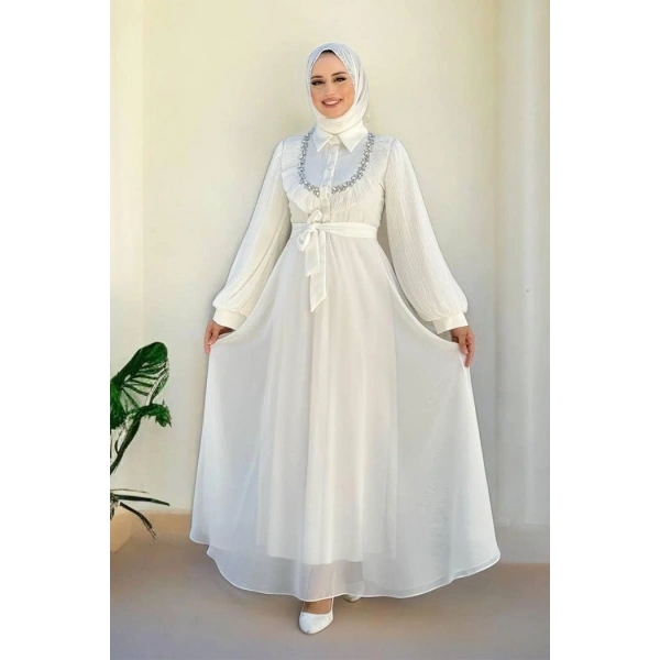 Pilise Kol Detaylı Elbise 3949 Ekru