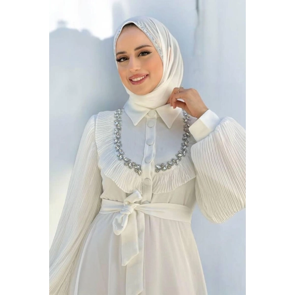 Pilise Kol Detaylı Elbise 3949 Ekru