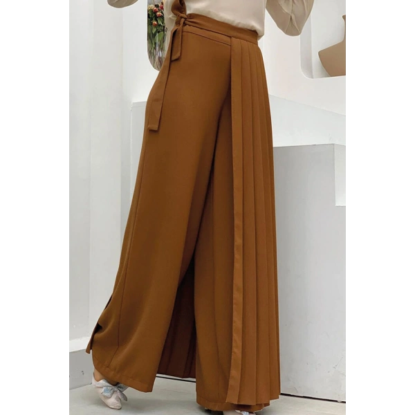 Piliseli Ayrı Bağlamalı Parça Detaylı Pantolon Etek 0274 Taba