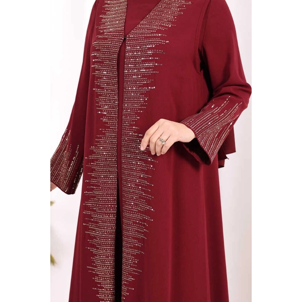 Pul İşlemeli Yelekli Elbise Takım 8498 Bordo