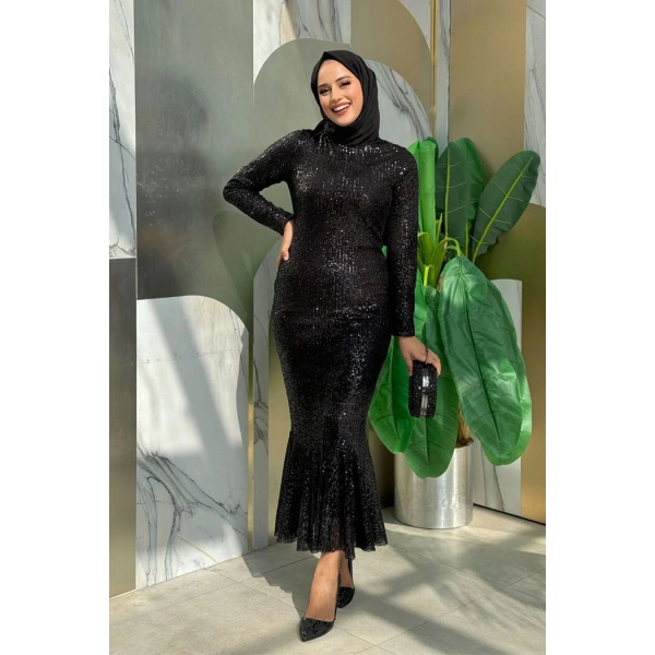 Pul Payet İşlemeli Balık Abiye Elbise 3872 Siyah