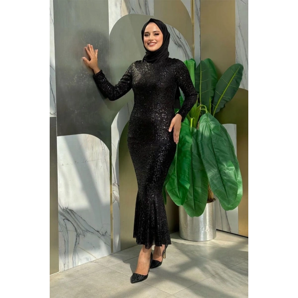 Pul Payet İşlemeli Balık Abiye Elbise 3872 Siyah